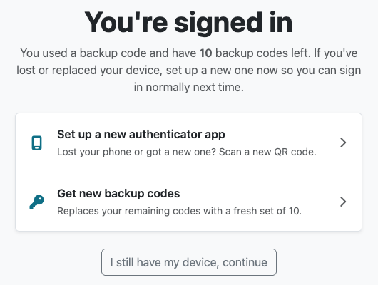 Options shown after signing in with a backup code