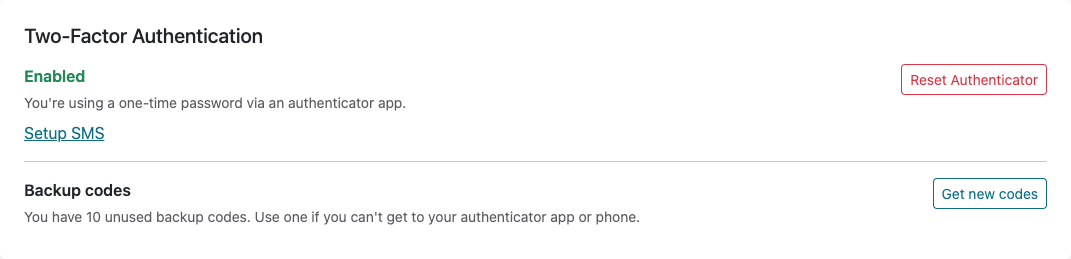 Backup codes section in Security settings with the Get new codes button