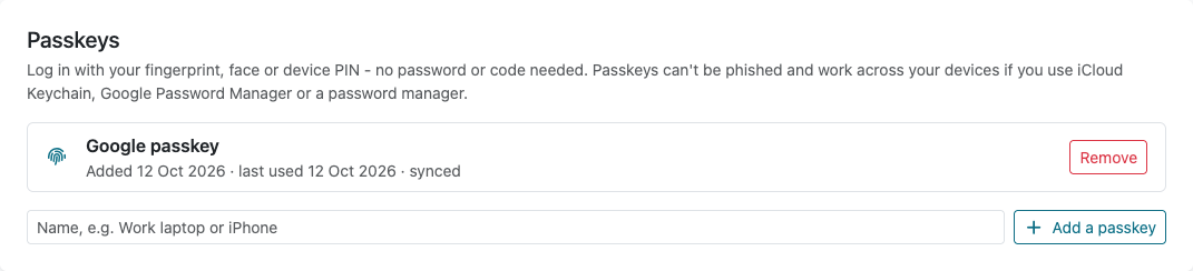 Passkeys section in Security settings with a saved passkey and the Add a passkey button