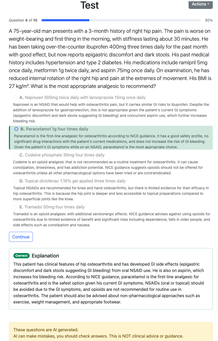 Screenshot showing a AI generated knowledge question with answers