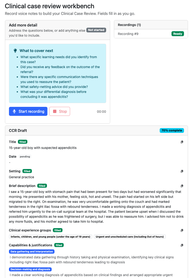 Screenshot of building up a Clinical case review