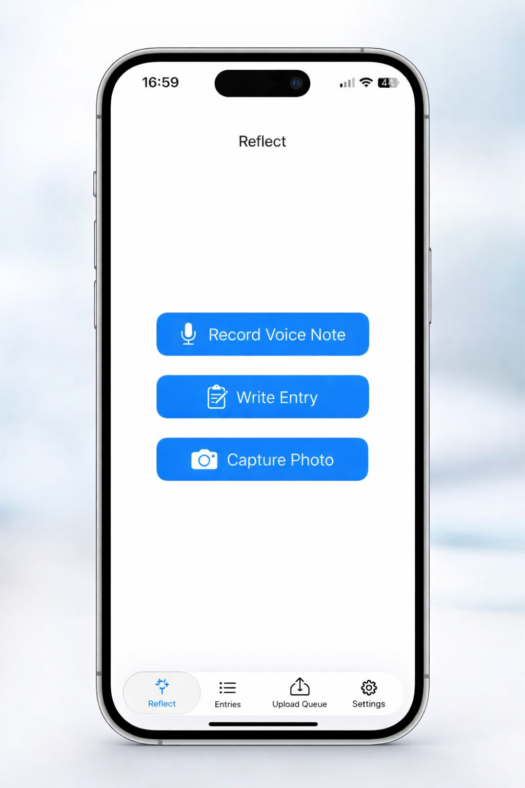 Screenshot from the Improval Reflect app showing options for voice notes; typing or taking a photo