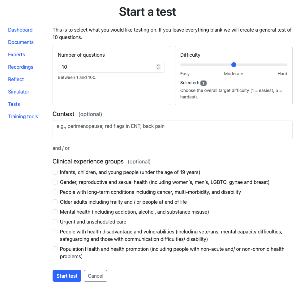 Launch page for knowledge tests